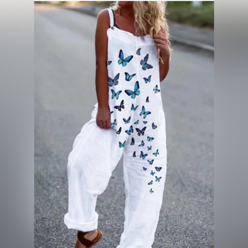 White Jumpsuit with Blue Butterfly Design